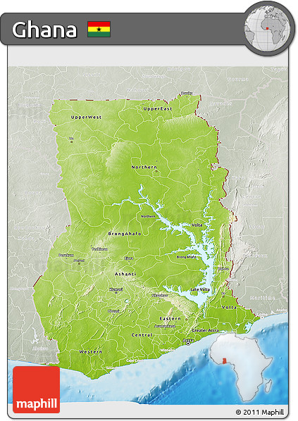 Physical 3D Map of Ghana, lighten, semi-desaturated, land only