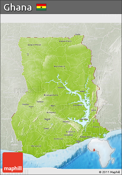 Physical 3D Map of Ghana, lighten, semi-desaturated, land only