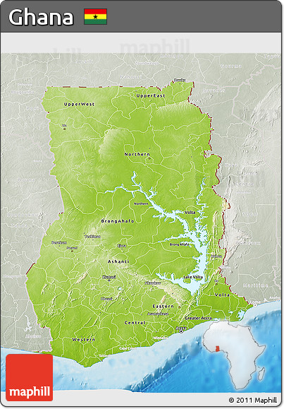 Physical 3D Map of Ghana, lighten, semi-desaturated, land only