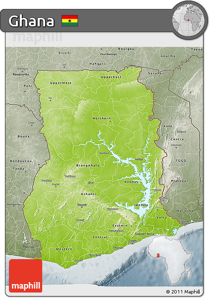 Physical 3D Map of Ghana, semi-desaturated