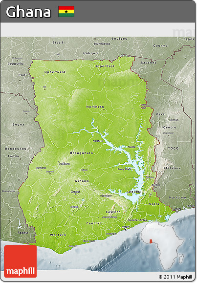 Physical 3D Map of Ghana, semi-desaturated
