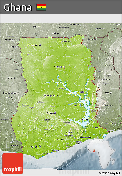 Physical 3D Map of Ghana, semi-desaturated