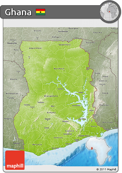 Physical 3D Map of Ghana, semi-desaturated, land only