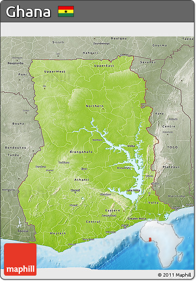 Physical 3D Map of Ghana, semi-desaturated, land only