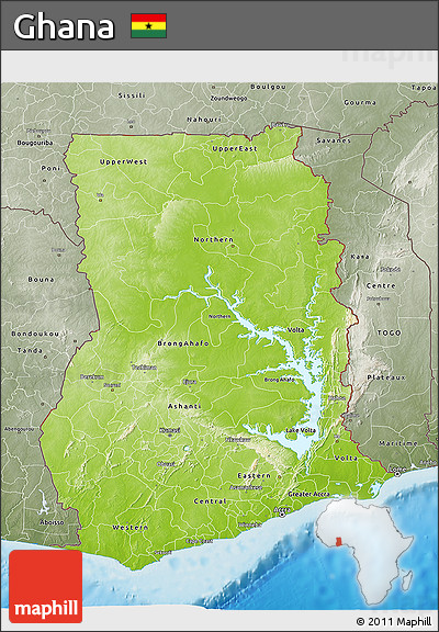 Physical 3D Map of Ghana, semi-desaturated, land only