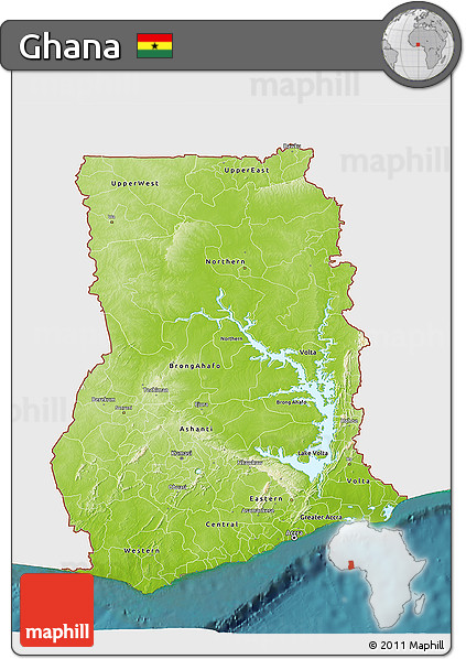 Physical 3D Map of Ghana, single color outside, satellite sea
