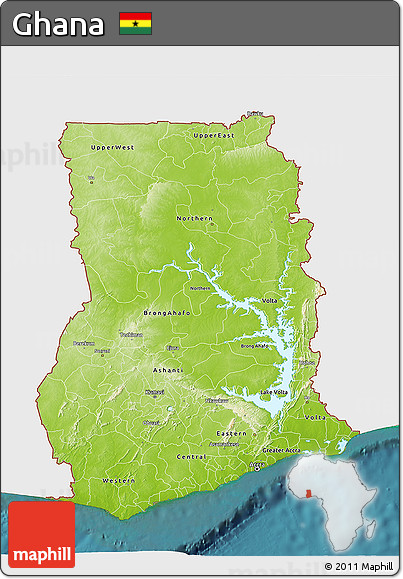 Physical 3D Map of Ghana, single color outside, satellite sea