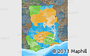 Political 3D Map of Ghana, darken, semi-desaturated, land only