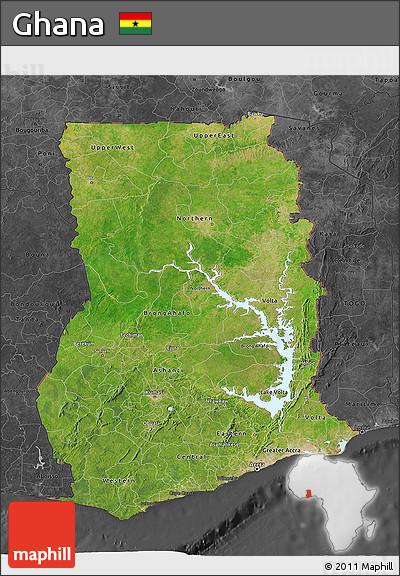 Satellite 3D Map of Ghana, darken, desaturated