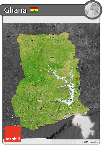 Satellite 3D Map of Ghana, darken, desaturated