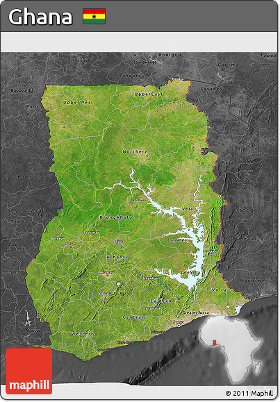Satellite 3D Map of Ghana, darken, desaturated