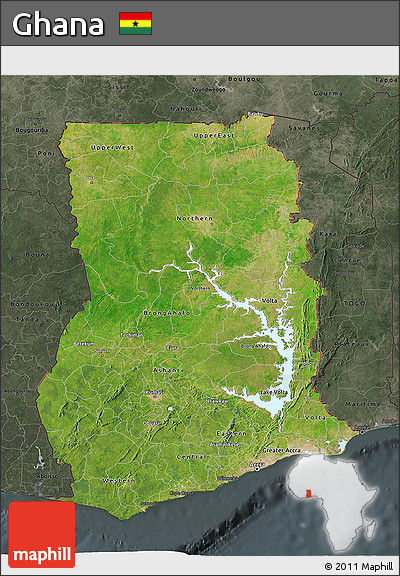 Satellite 3D Map of Ghana, darken, semi-desaturated