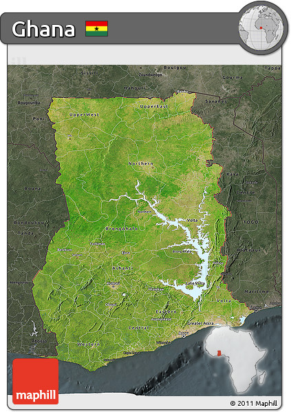 Satellite 3D Map of Ghana, darken, semi-desaturated