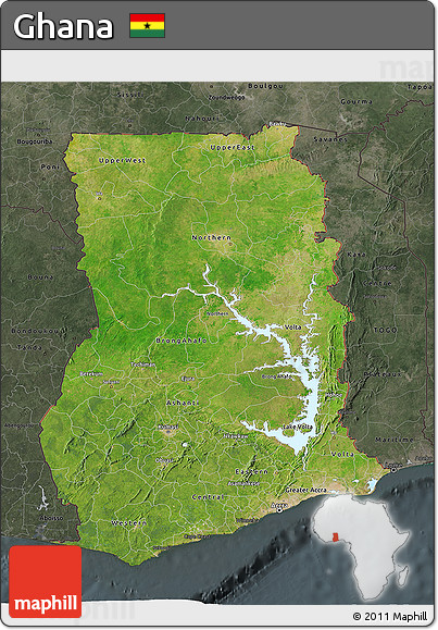 Satellite 3D Map of Ghana, darken, semi-desaturated