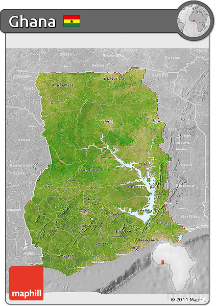 Satellite 3D Map of Ghana, lighten, desaturated