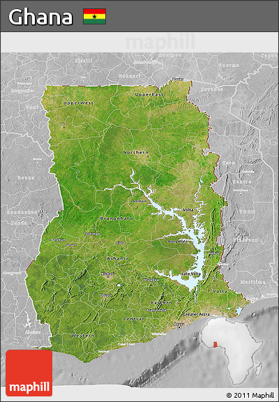 Satellite 3D Map of Ghana, lighten, desaturated