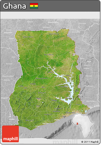 Satellite 3D Map of Ghana, lighten, desaturated
