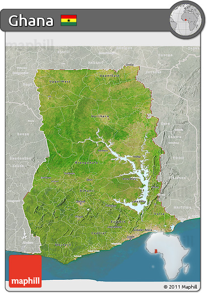 Satellite 3D Map of Ghana, lighten, semi-desaturated, land only