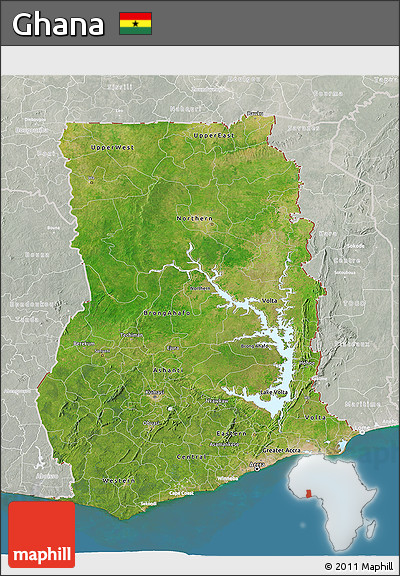 Satellite 3D Map of Ghana, lighten, semi-desaturated, land only