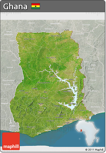 Satellite 3D Map of Ghana, lighten, semi-desaturated, land only