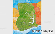 Satellite 3D Map of Ghana, political shades outside