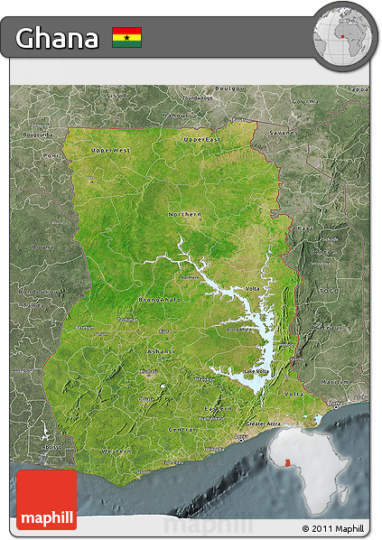 Satellite 3D Map of Ghana, semi-desaturated