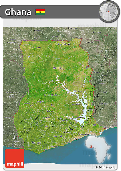 Satellite 3D Map of Ghana, semi-desaturated, land only