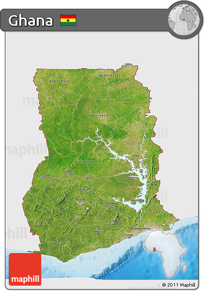 Satellite 3D Map of Ghana, single color outside, shaded relief sea