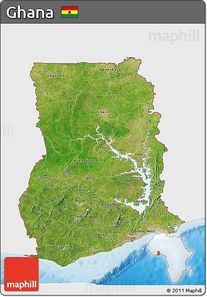 Satellite 3D Map of Ghana, single color outside, shaded relief sea