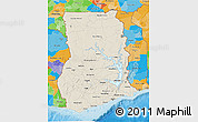 Shaded Relief 3D Map of Ghana, political outside