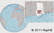 Gray Location Map of Ejisu, highlighted country, highlighted parent region, hill shading
