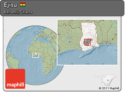 Savanna Style Location Map of Ejisu, highlighted country, highlighted parent region, hill shading