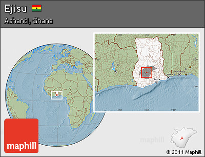 Savanna Style Location Map of Ejisu, highlighted country, highlighted parent region, hill shading