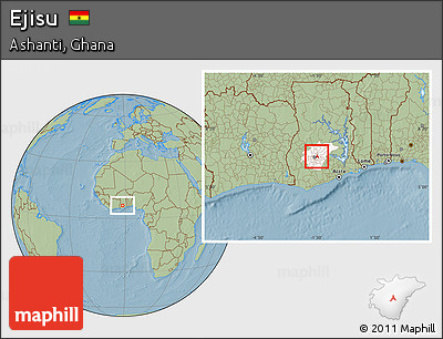 Savanna Style Location Map of Ejisu, highlighted parent region, hill shading
