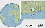 Savanna Style Location Map of Ejisu, highlighted parent region, hill shading