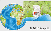 Physical Location Map of Kumasi, highlighted country, highlighted parent region, within the entire country