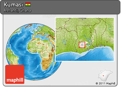 Physical Location Map of Kumasi, highlighted parent region, within the entire country
