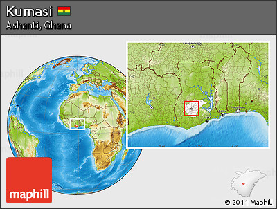 Physical Location Map of Kumasi, highlighted parent region, within the entire country