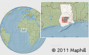Savanna Style Location Map of Kumasi, highlighted country, highlighted parent region, hill shading