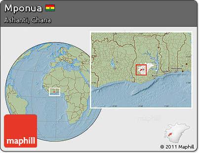 Savanna Style Location Map of Mponua, highlighted parent region, hill shading