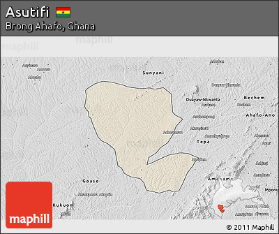 Shaded Relief 3D Map of Asutifi, desaturated