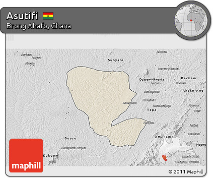 Shaded Relief 3D Map of Asutifi, desaturated