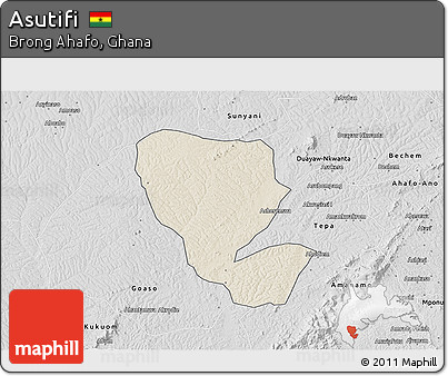 Shaded Relief 3D Map of Asutifi, desaturated