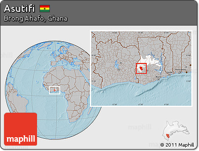 Gray Location Map of Asutifi, highlighted parent region, hill shading