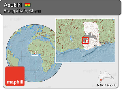 Savanna Style Location Map of Asutifi, highlighted country, highlighted parent region, hill shading