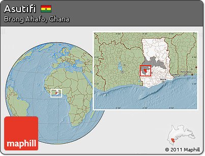 Savanna Style Location Map of Asutifi, highlighted country, highlighted parent region, hill shading