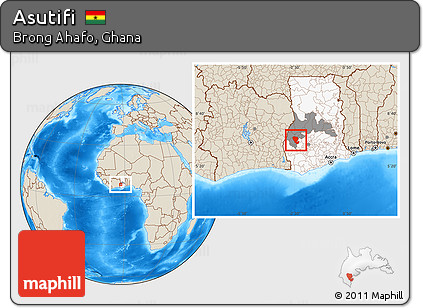 Shaded Relief Location Map of Asutifi, highlighted country, highlighted parent region