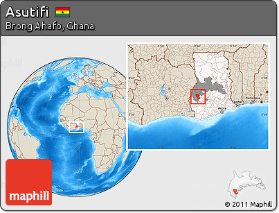 Shaded Relief Location Map of Asutifi, highlighted country, highlighted parent region