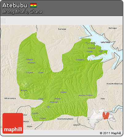 Physical 3D Map of Atebubu, shaded relief outside