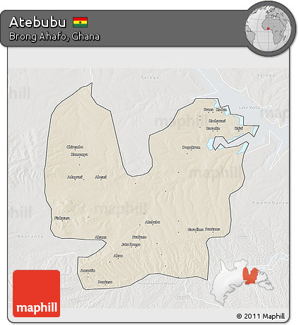 Shaded Relief 3D Map of Atebubu, lighten, semi-desaturated
